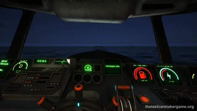 A boat's control panel at night, with glowing gauges for wind, speed, hull integrity, fuel and power, in The Last Caretaker.