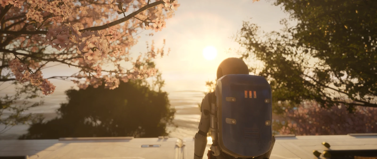 A Caretaker with a blue backpack looking toward the sunlit sea between flowering trees in The Last Caretaker.
