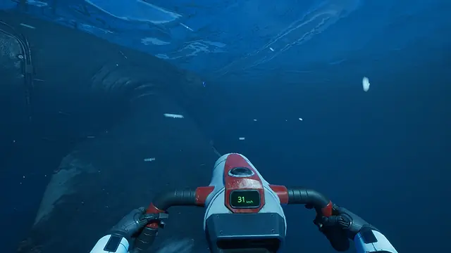 First-person view underwater of a Caretaker gripping a red and white TideRipper hand jet with a small speed display, a whale swimming alongside, in The Last Caretaker.