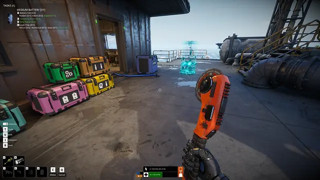 A Caretaker holding an orange hand tool on a deck beside stacked cases, with the level box, power and health bars at the bottom of the screen, in The Last Caretaker.