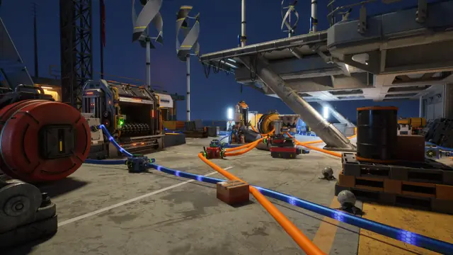 Machines on a deck connected by blue cables and orange hoses in The Last Caretaker.