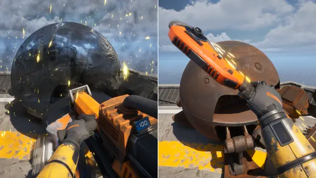 A split-screen comparison of two dismantling tools cutting into metal spheres in The Last Caretaker.
