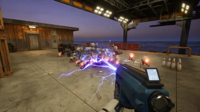 An electric weapon firing lightning into a swarm of small robots on a deck at dusk in The Last Caretaker.