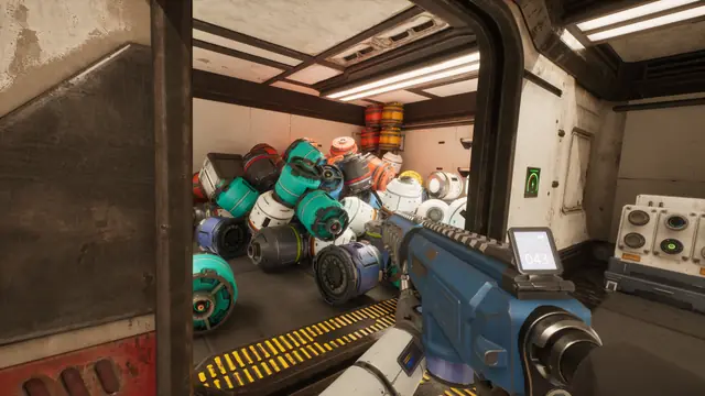 Fuel barrels stacked inside a warehouse in The Last Caretaker.