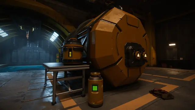 Large and small orange fuel containers in a hangar in The Last Caretaker, from the Update 5.5 press kit; it does not show the Update 6 Boiler.