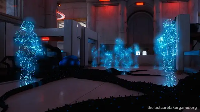 Blue holograms of people standing in a facility hall in The Last Caretaker, from the Update 5.5 press kit; it is not the North Bastion laboratory or Anna's hologram itself.