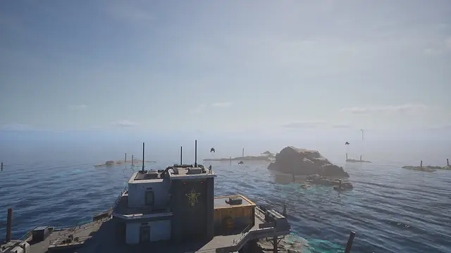 A MOSES outpost with a star emblem on a calm sea, with rocky islets and flying drones in the distance, in The Last Caretaker, from the Xbox announcement press kit; it is not North Bastion.