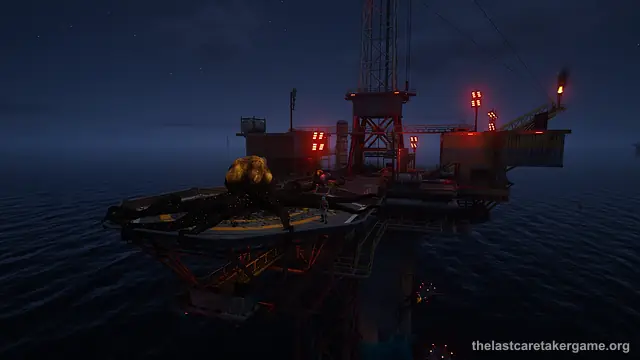 A giant tentacled creature sprawled across the helipad of an offshore oil rig at night, with a small figure standing beside it, in The Last Caretaker; the press kit does not name the rig, so it may not be Black Vein Station.