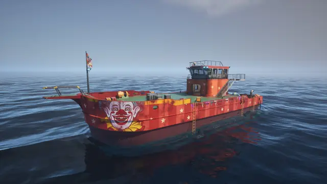 A red boat with a clown-face paint scheme on open water in The Last Caretaker.