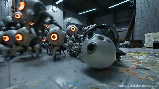 A swarm of small round robots with glowing orange eyes next to a broken robot head on a tiled floor in The Last Caretaker, from the Update 3.5 press kit.