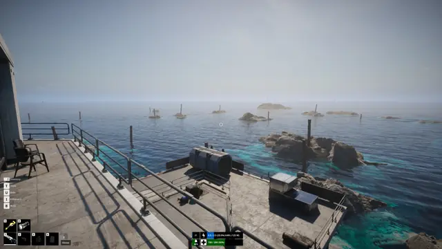 A rocky island and shallow water viewed from a deck in The Last Caretaker.