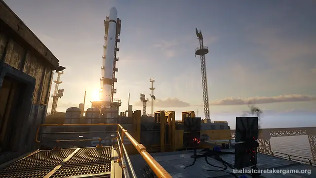 A rocket on its launch tower at sunset, seen from a deck with metal grating and a yellow railing, in The Last Caretaker, from the Xbox announcement press kit.
