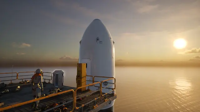 A rocket on an offshore platform at sunset in The Last Caretaker.