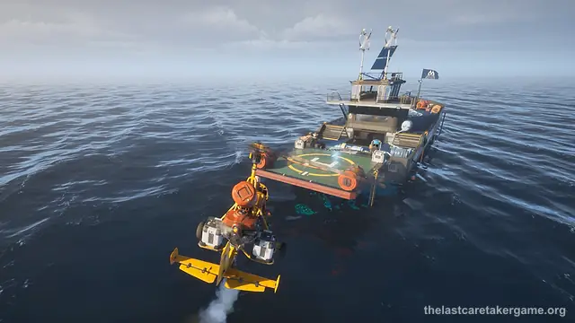 A yellow Salvage Gyro flying low over the sea toward the landing pad on a boat in The Last Caretaker, from the Update 5 press kit; it does not show a silo.