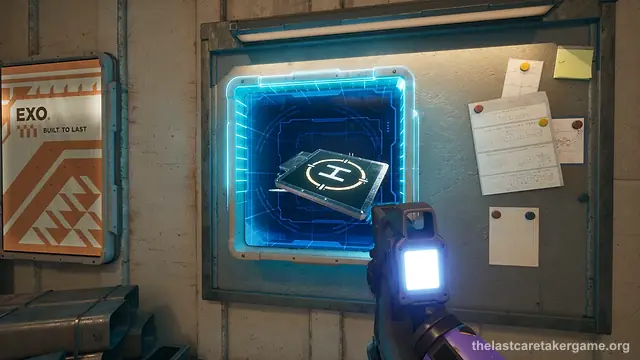 A handheld scanner pointed at a wall blueprint showing a hologram of a helipad in The Last Caretaker, from the Update 5.5 press kit.