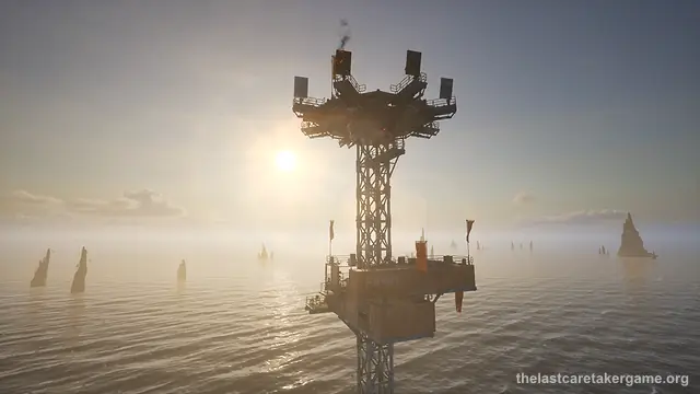 A tall steel tower with a smoking stack on top, rising from a platform in a misty sea at sunrise, in The Last Caretaker, from the Update 5.5 press kit.