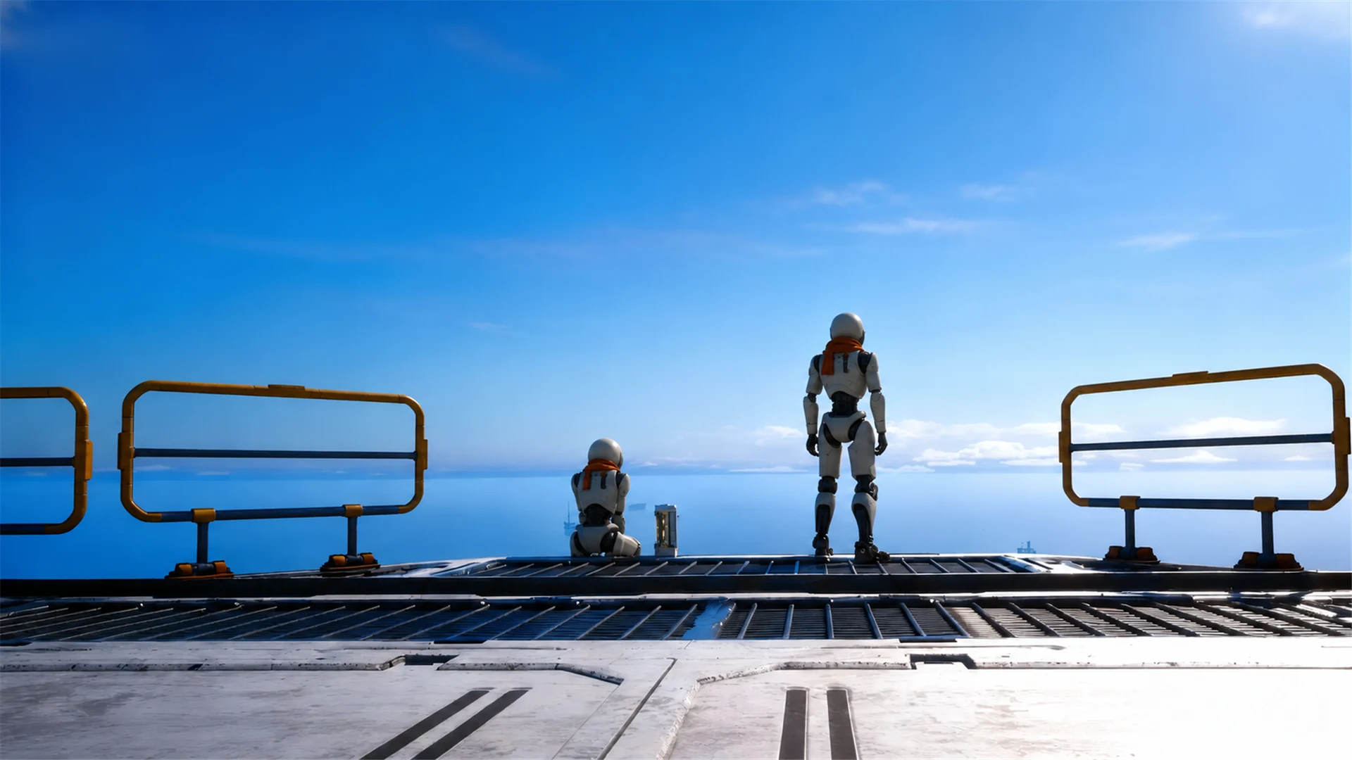 AI illustration of two Caretakers in orange scarves, one kneeling and one standing, on a metal deck overlooking the ocean, inspired by The Last Caretaker.